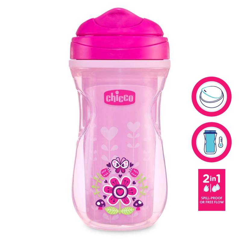 CHICCO Hrneček Active termo s tvrdým pítkem 266 ml růžový, květiny 14m+