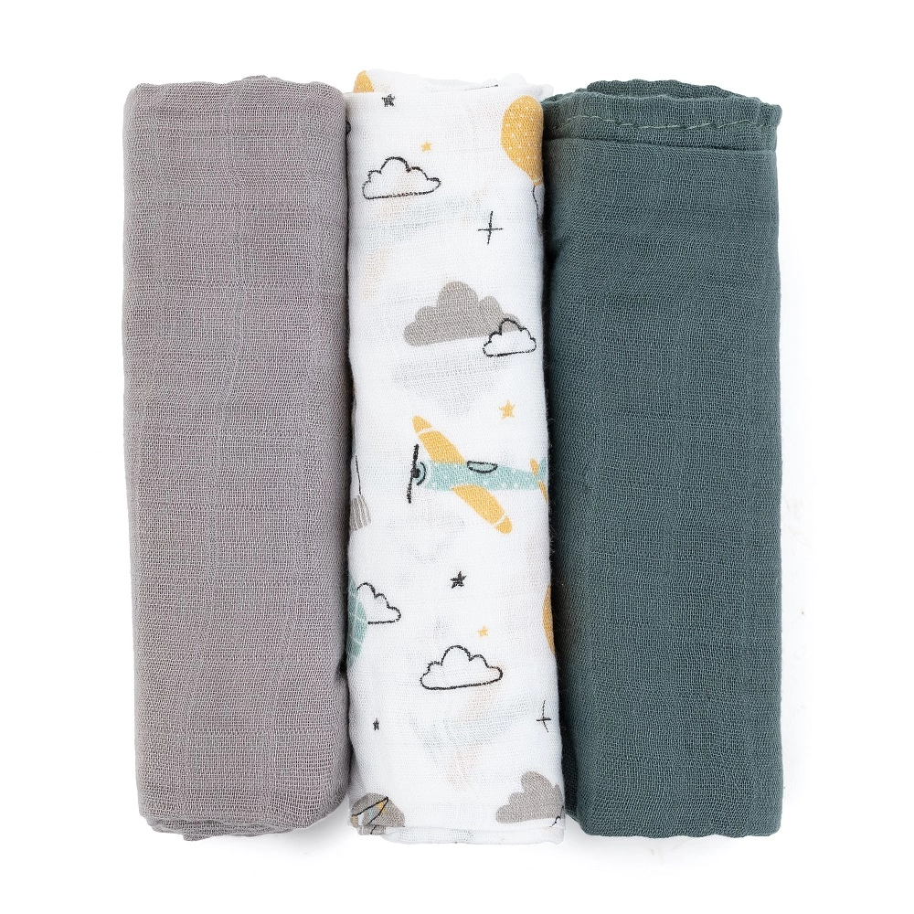 PETITE&MARS Sada plenek bambusová mušelínová 3ks 68x68 cm Moussy Grey Planes