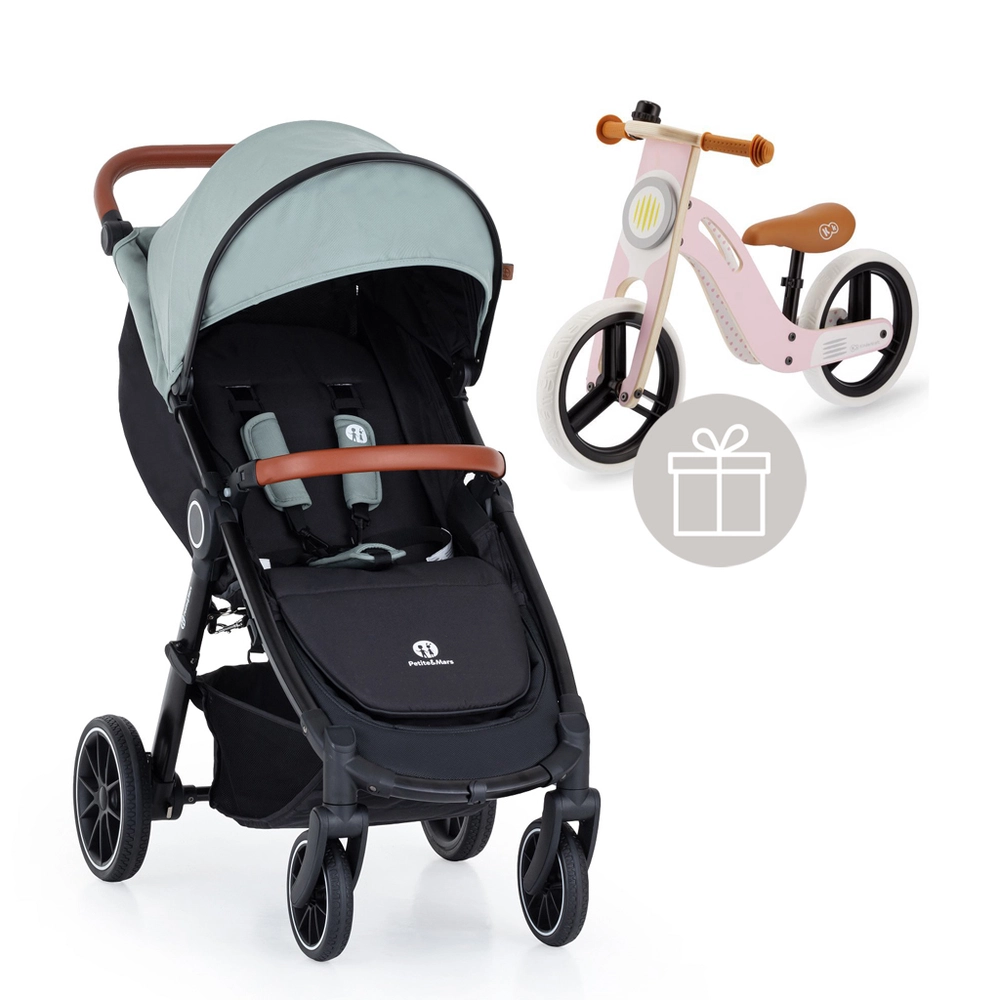 PETITE&MARS Kočárek sportovní Street+ RWS Oak Iron Green Complete + odrážedlo Uniq Pink