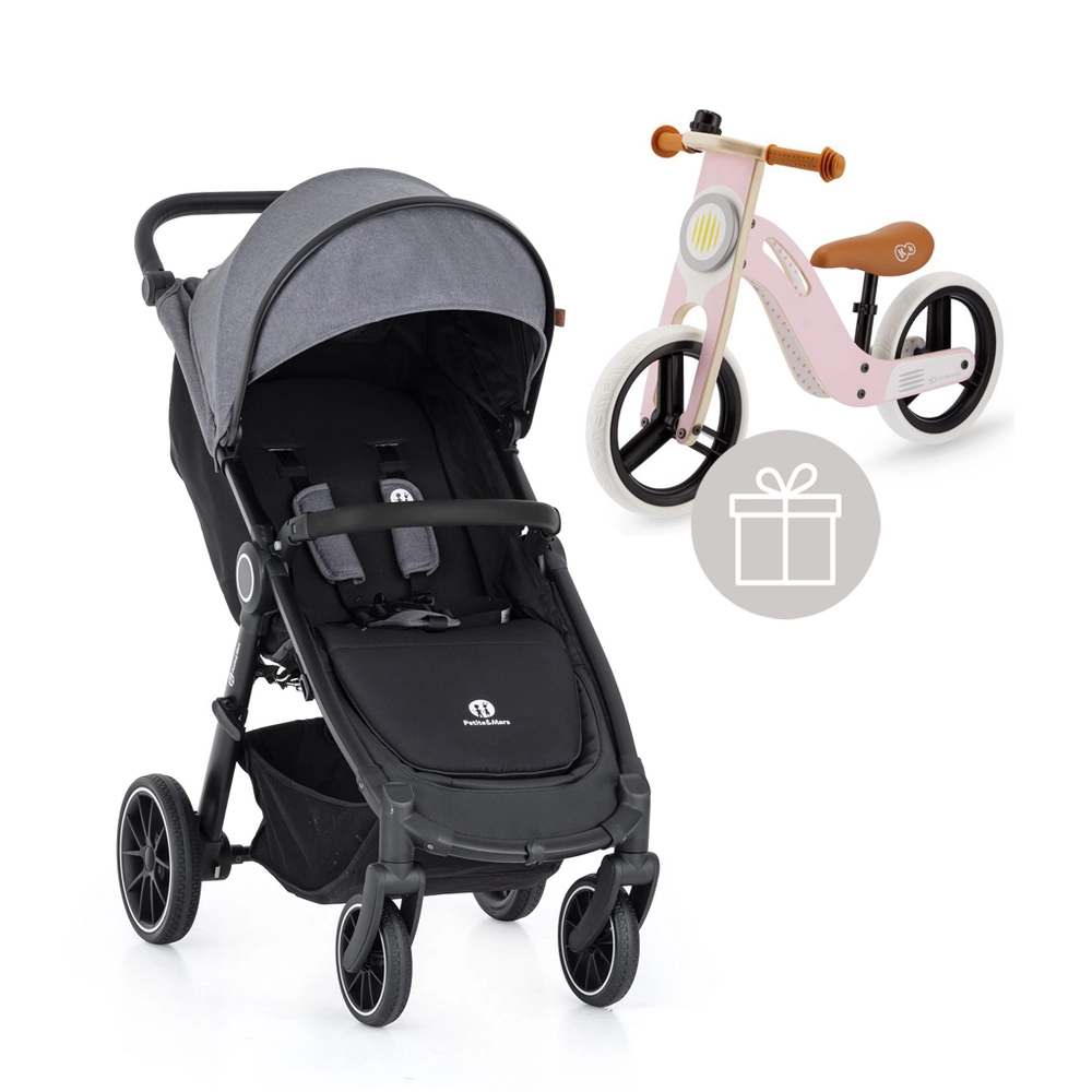 PETITE&MARS Kočárek sportovní Street+ RWS Black Ultimate Grey Complete + odrážedlo Uniq Pink