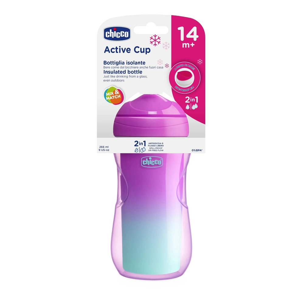 CHICCO Hrneček Active termo s tvrdým náustkem 266 ml, ružový 14m+