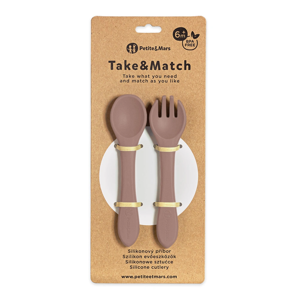 PETITE&MARS Příbor silikonový Take&Match Velvet Latte 6m+