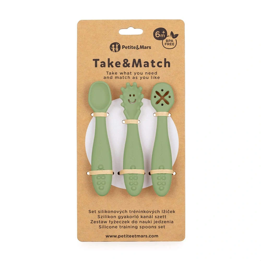 PETITE&MARS Set 3 ks silikonových tréninkových lžiček Take&Match Sweet Pea 6m+