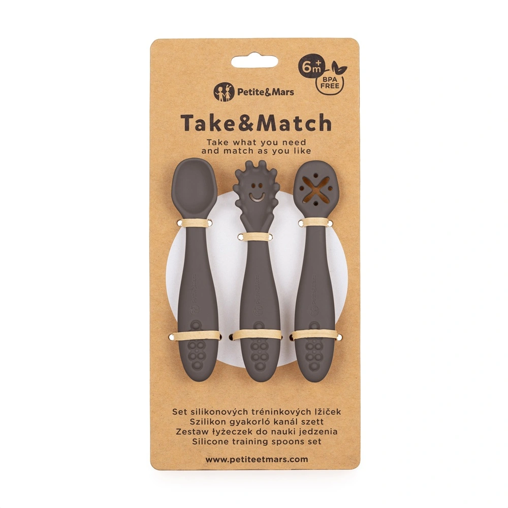 PETITE&MARS Set 3 ks silikonových tréninkových lžiček Take&Match Bitter Cocoa 6m+
