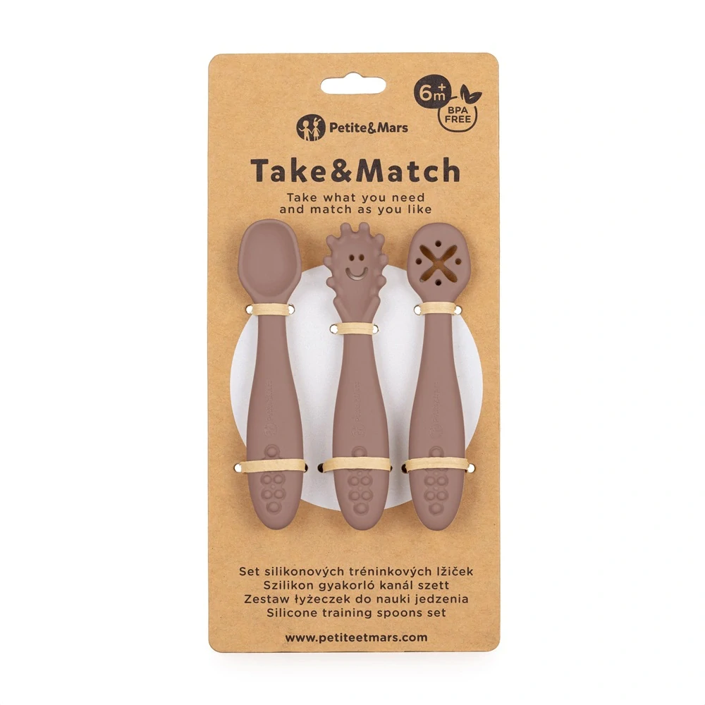 PETITE&MARS Set 3 ks silikonových tréninkových lžiček Take&Match Velvet Latte 6m+