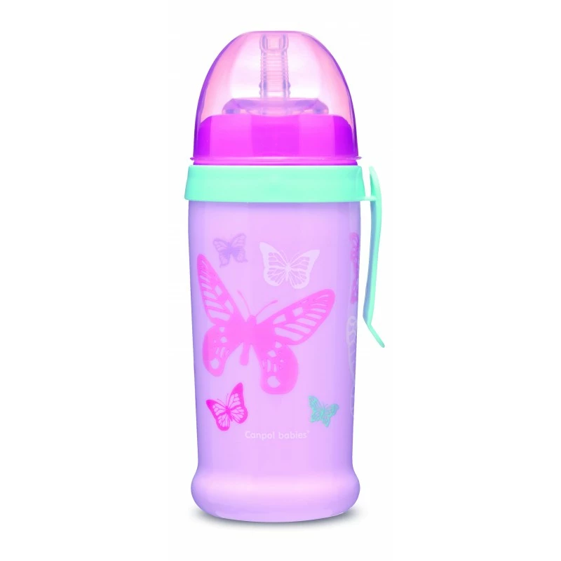 Canpol babies Sportovní láhev se silikonovou nevylévací slámkou MOTÝLEK 350 ml růžová