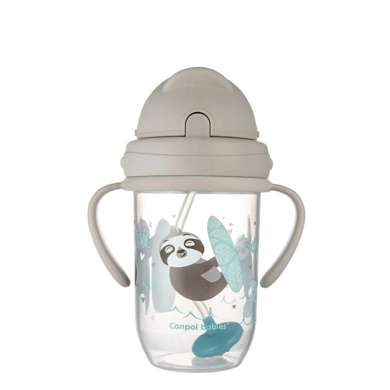 Canpol babies Nevylévací hrneček s brčkem a závažím EXOTIC ANIMALS 270ml šedý