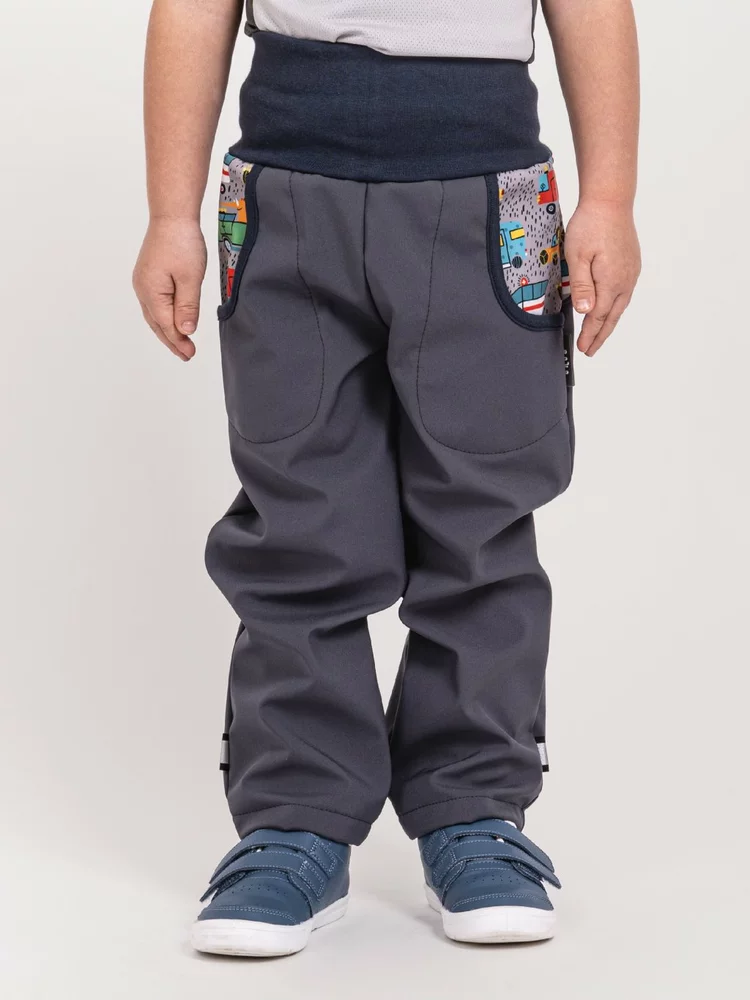 Dětské softshellové kalhoty Unuo s fleecem Basic šedá Zoo na výletě velikost 98/104