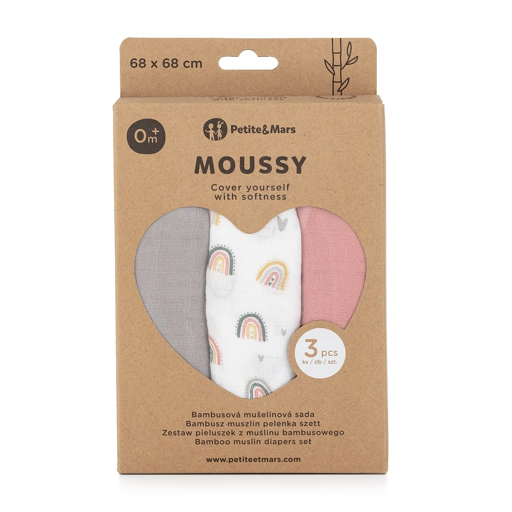 PETITE&MARS Sada plenek bambusová mušelínová 3ks 68x68 cm Moussy Rose Rainbow