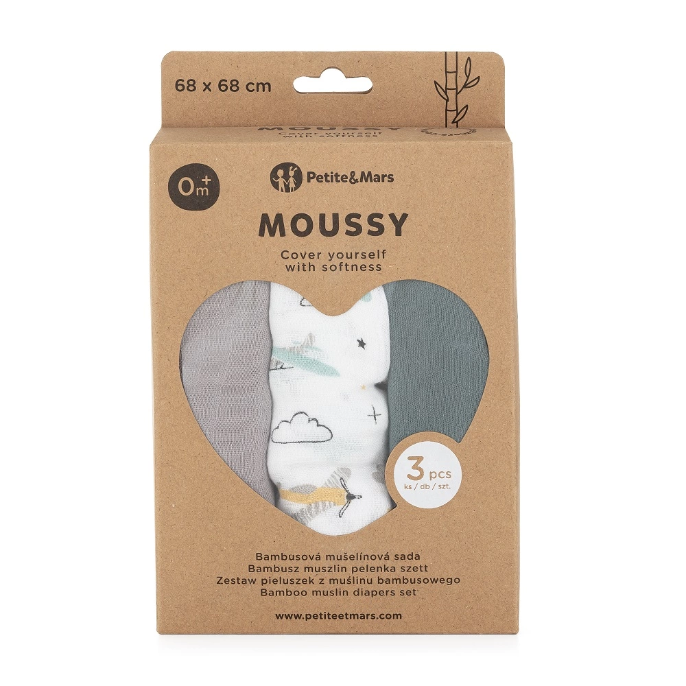 PETITE&MARS Sada plenek bambusová mušelínová 3ks 68x68 cm Moussy Grey Planes