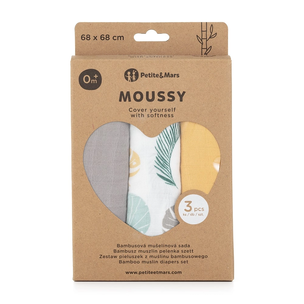 PETITE&MARS Sada plenek bambusová mušelínová 3ks 68x68 cm Moussy Ochre Leaves