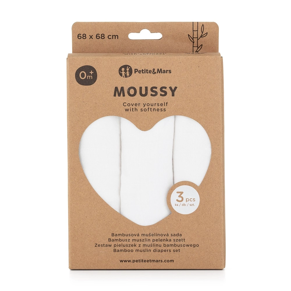 PETITE&MARS Sada plenek bambusová mušelínová 3ks 68x68 cm Moussy Total White