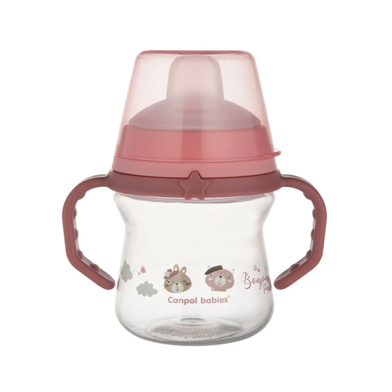Canpol babies Hrneček se silikonovým pítkem FirstCup BONJOUR PARIS 150ml růžový
