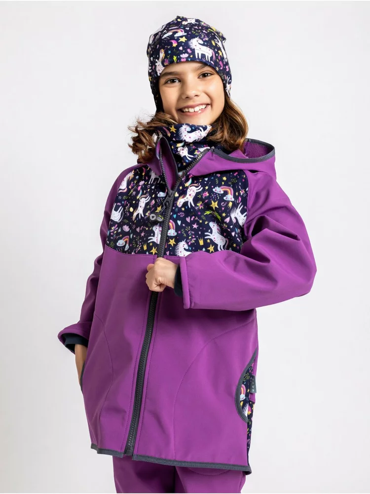 Dětská softshellová bunda Unuo s fleecem Basic Jednorožci ostružinová velikost 110/116