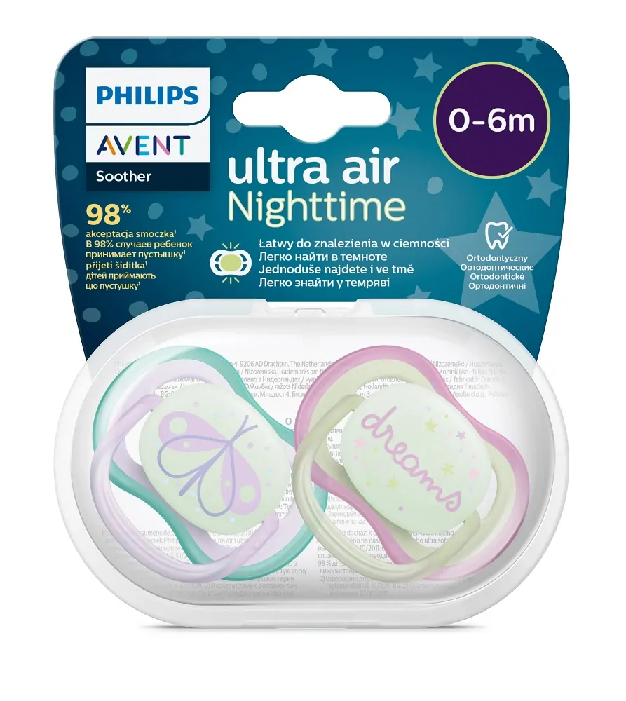 Philips AVENT Šidítko Ultra air noční 0-6m dívka, 2ks