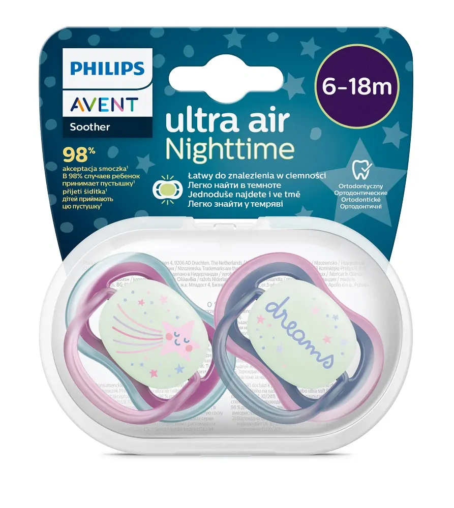 Philips AVENT Šidítko Ultra air noční 6-18m dívka, 2ks