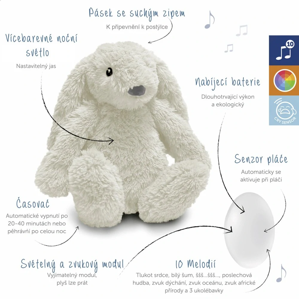 Zazu Králíček RO bílý - Šumící zvířátko s nočním světlem a USB nabíjením
