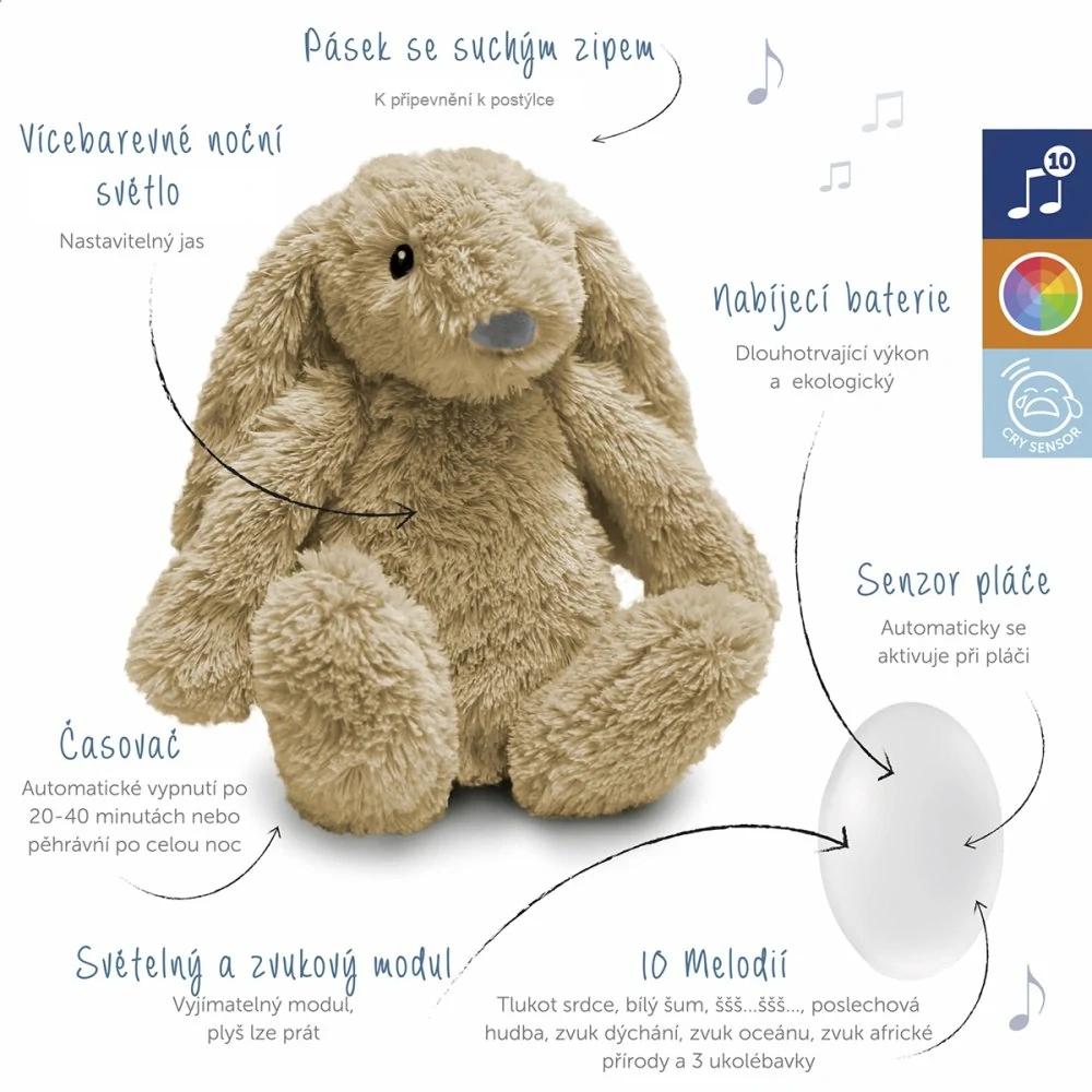 Zazu Králíček RO hnědý - Šumící zvířátko s nočním světlem a USB nabíjením