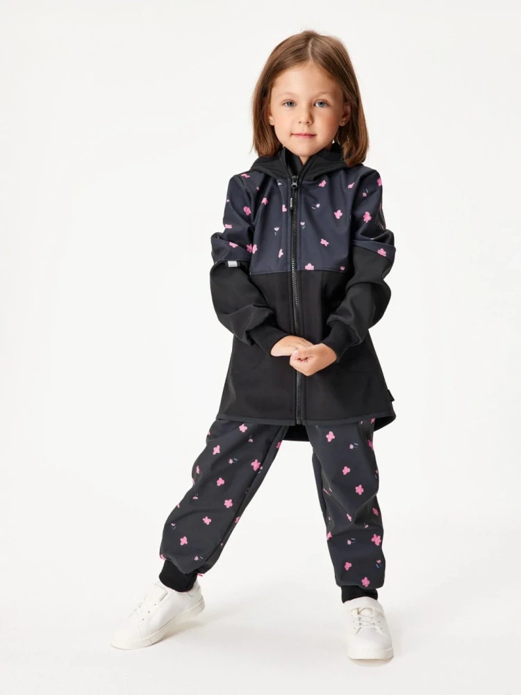 Unuo, Dívčí softshellový kabát s fleecem Street, Černá, Květiny