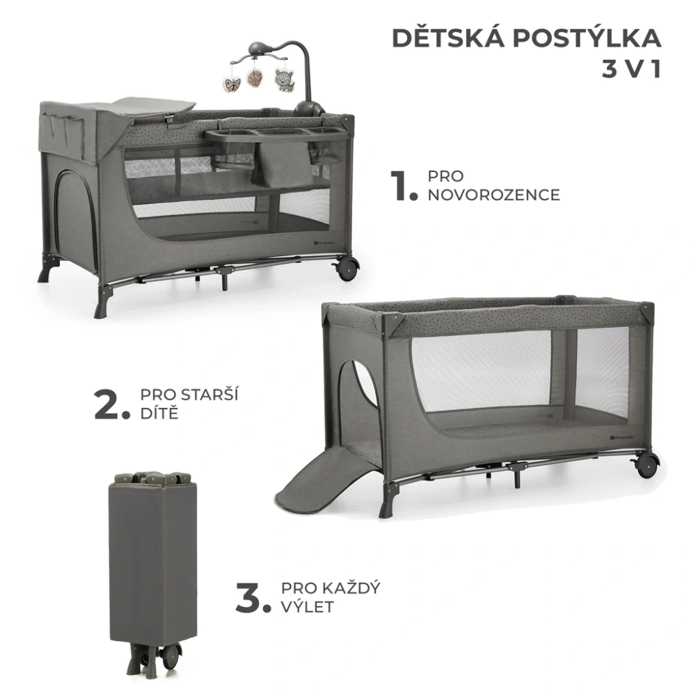 KINDERKRAFT Postýlka cestovní Joy 2 s doplňky Dark Grey