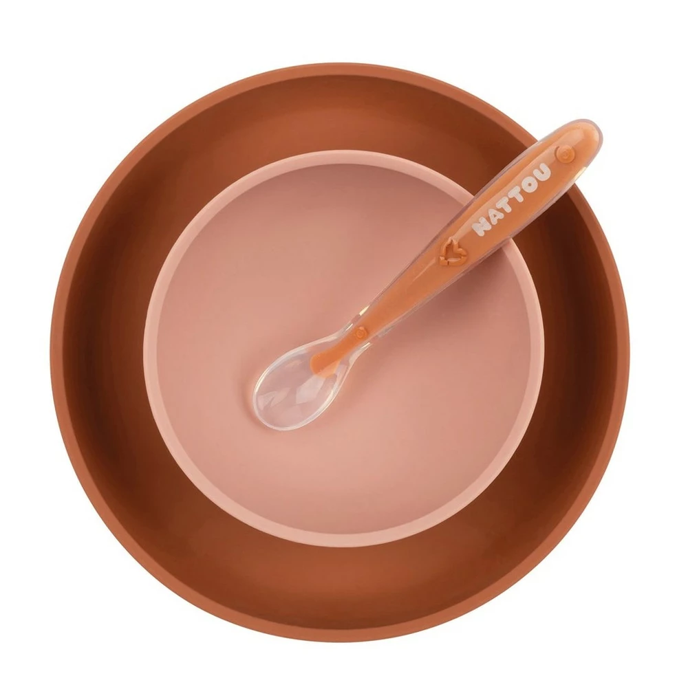 NATTOU Set jídelní silikonový s bryndáčkem 4 ks růžový bez BPA