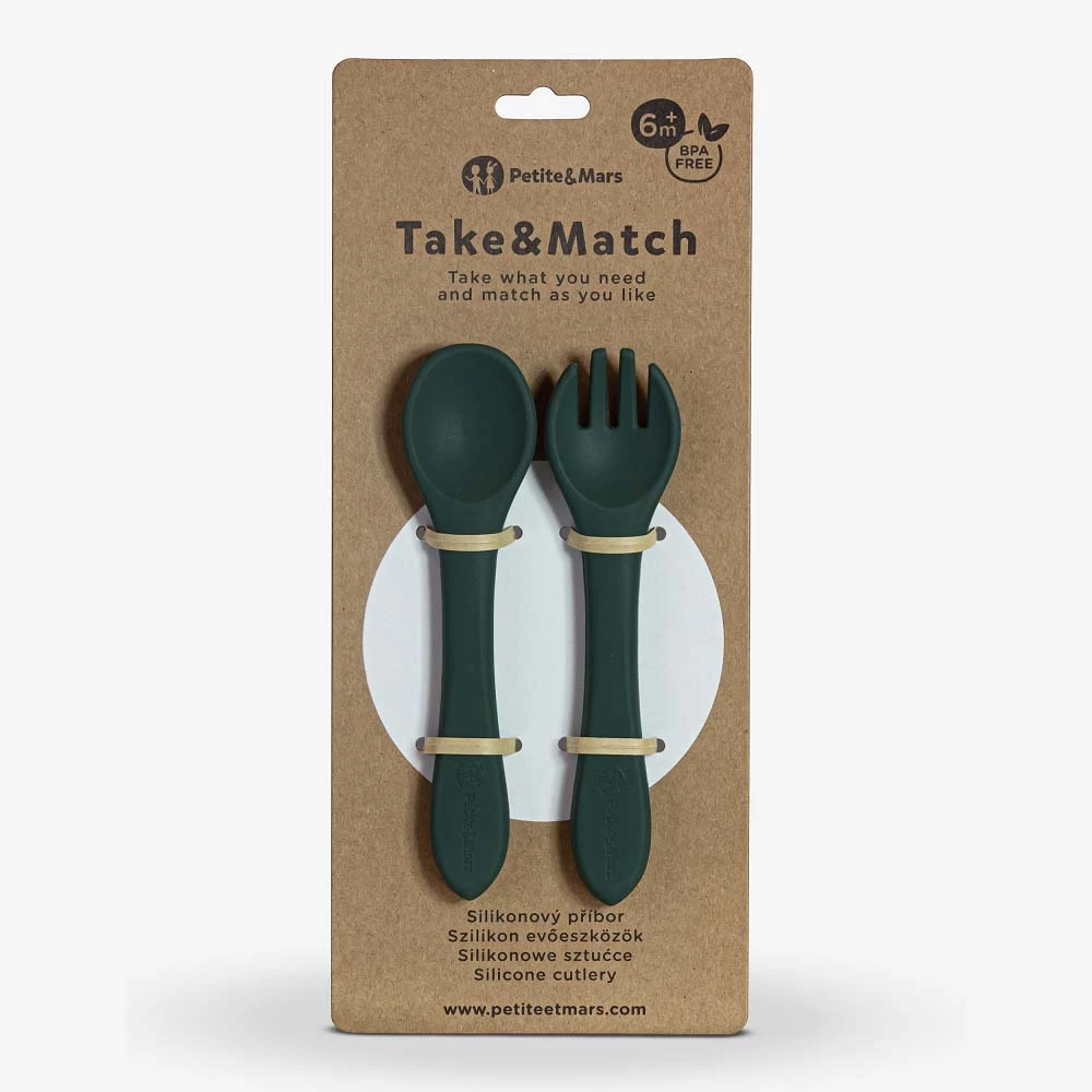 PETITE&MARS Set jídelní silikonový TAKE&MATCH 2 ks talíř + příbor Misty Green