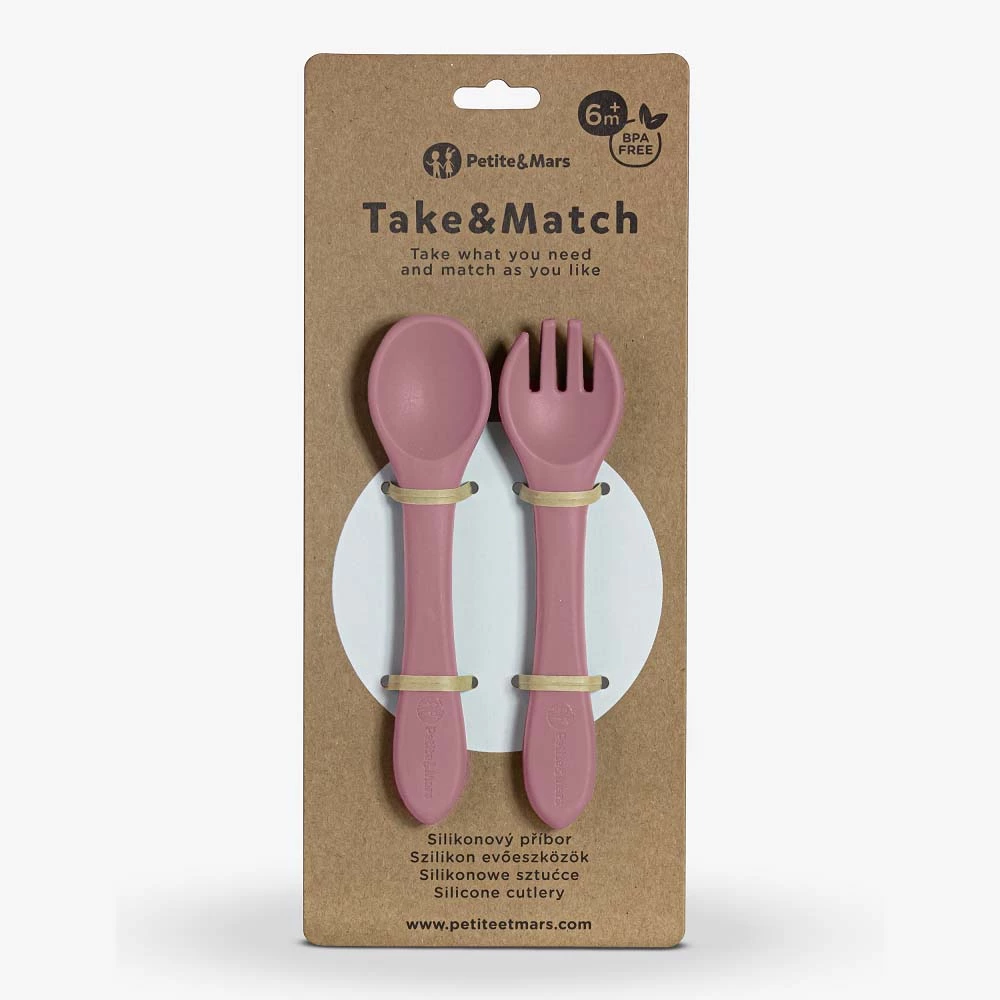 PETITE&MARS Set jídelní silikonový TAKE&MATCH 2 ks miska + příbor Dusty Rose