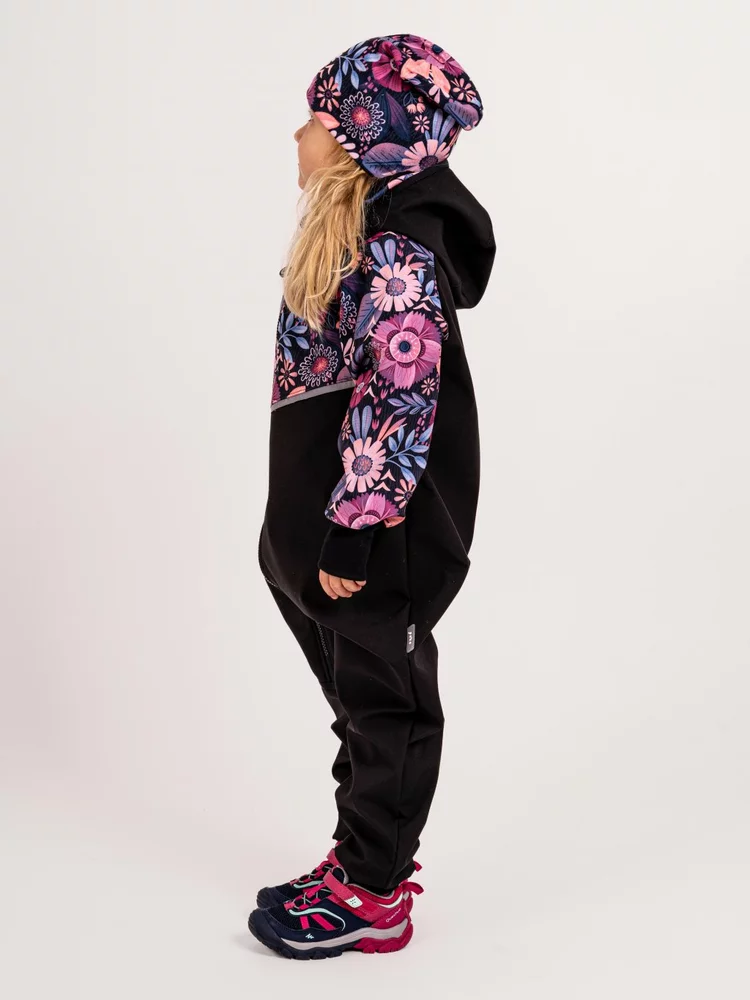 Batolecí softshellová kombinéza Unuo s fleecem Mini Černá Kouzelné květiny velikost 86/92