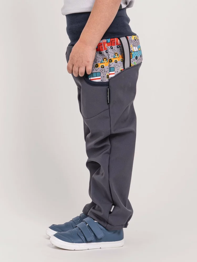 Dětské softshellové kalhoty Unuo s fleecem Basic šedá Zoo na výletě velikost 98/104