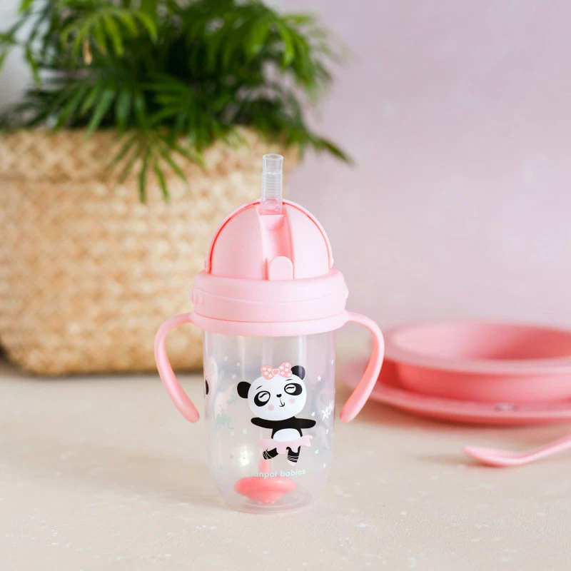 Canpol babies Nevylévací hrneček se slámkou a závažím EXOTIC ANIMALS 270ml Růžový