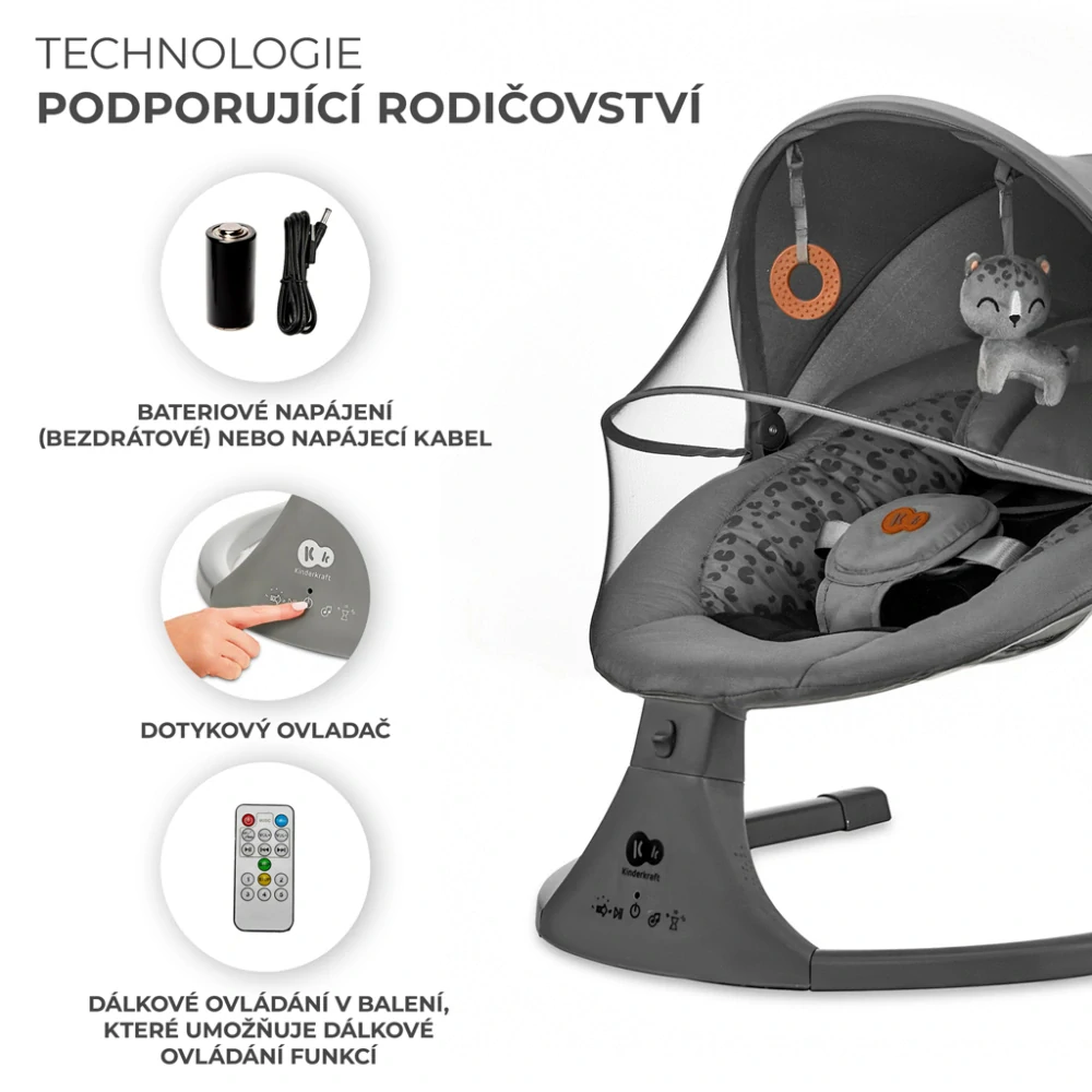 KINDERKRAFT Lehátko houpací s melodií 2v1 Lumi, do 9 kg, Premium Dark Grey