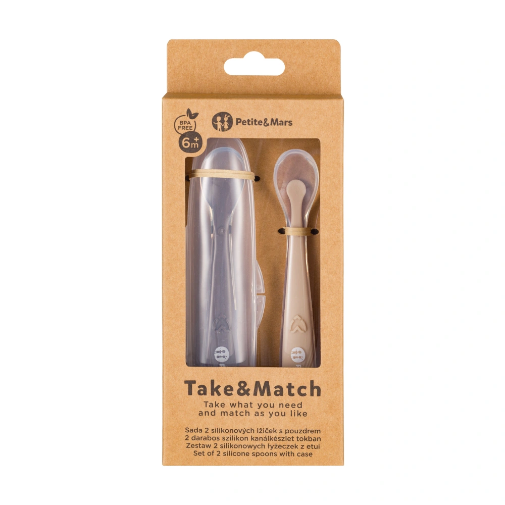 PETITE&MARS Silikonové lžičky s pouzdrem, sada 2 ks, Take&Match Sand - Cocoa 6m+