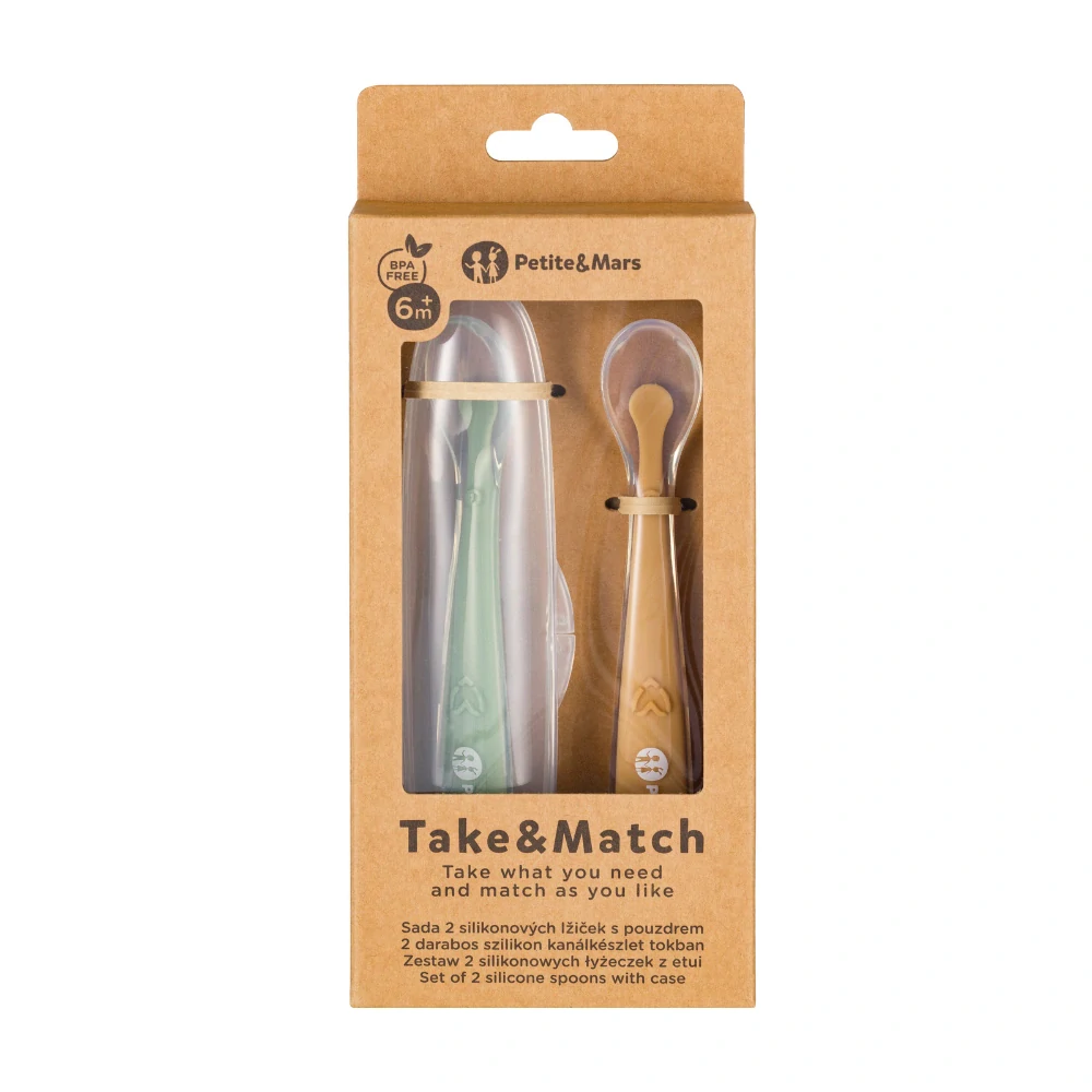 PETITE&MARS Silikonové lžičky s pouzdrem, sada 2 ks, Take&Match Pea - Ochre  6m+