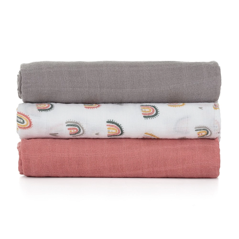 PETITE&MARS Sada plenek bambusová mušelínová 3ks 68x68 cm Moussy Rose Rainbow