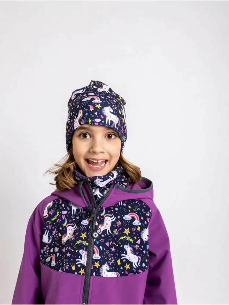 Dětská softshellová bunda Unuo s fleecem Basic Jednorožci ostružinová velikost 110/116