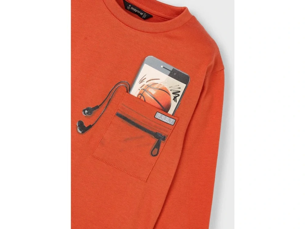 Chlapecké triko dlouhý rukáv Mayoral  s telefonem s kapse 4078-88 oranžové velikost 122