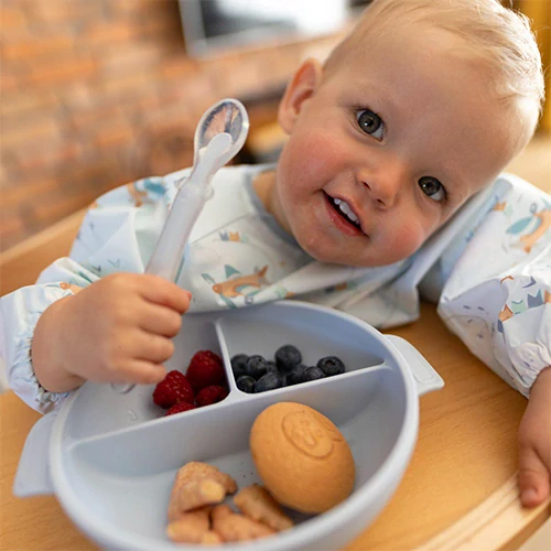 BABYONOBABYONO Talíř silikonový s přísavkou a víčkem modrý 6m+