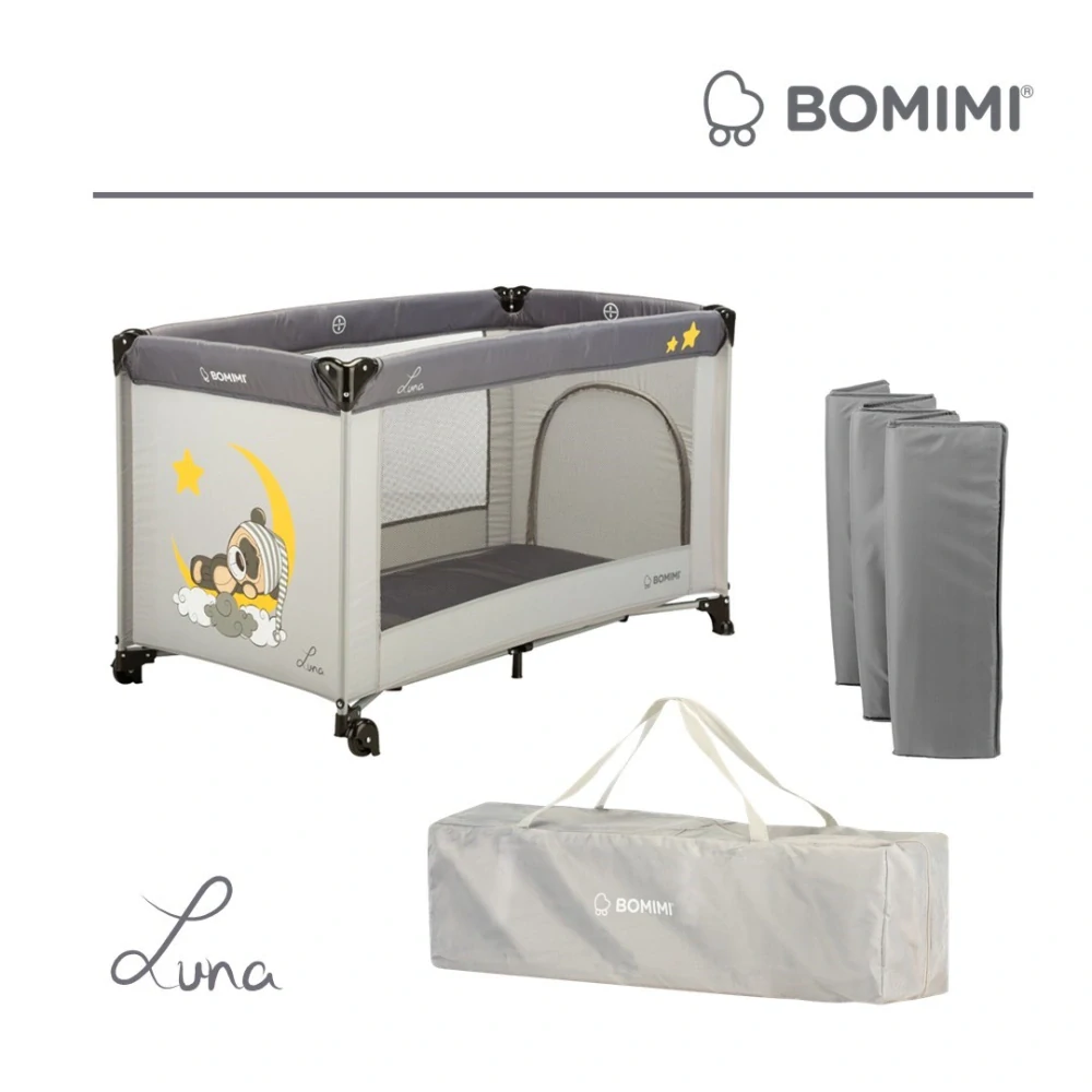 Cestovní postýlka BOMIMI LUNA graphite/sweet dreams xy