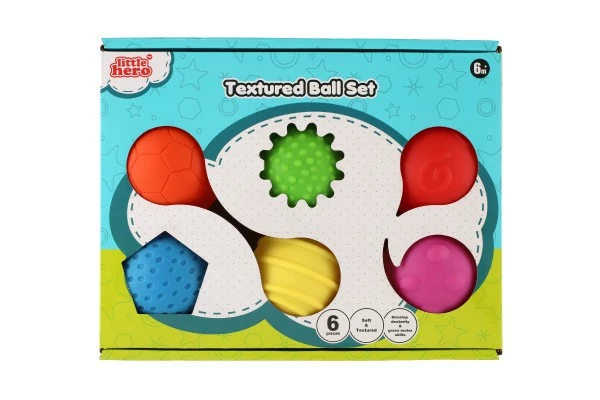 Sada míčků 6ks s texturou gumové 6-8cm v krabici 30x20x5cm 6m+