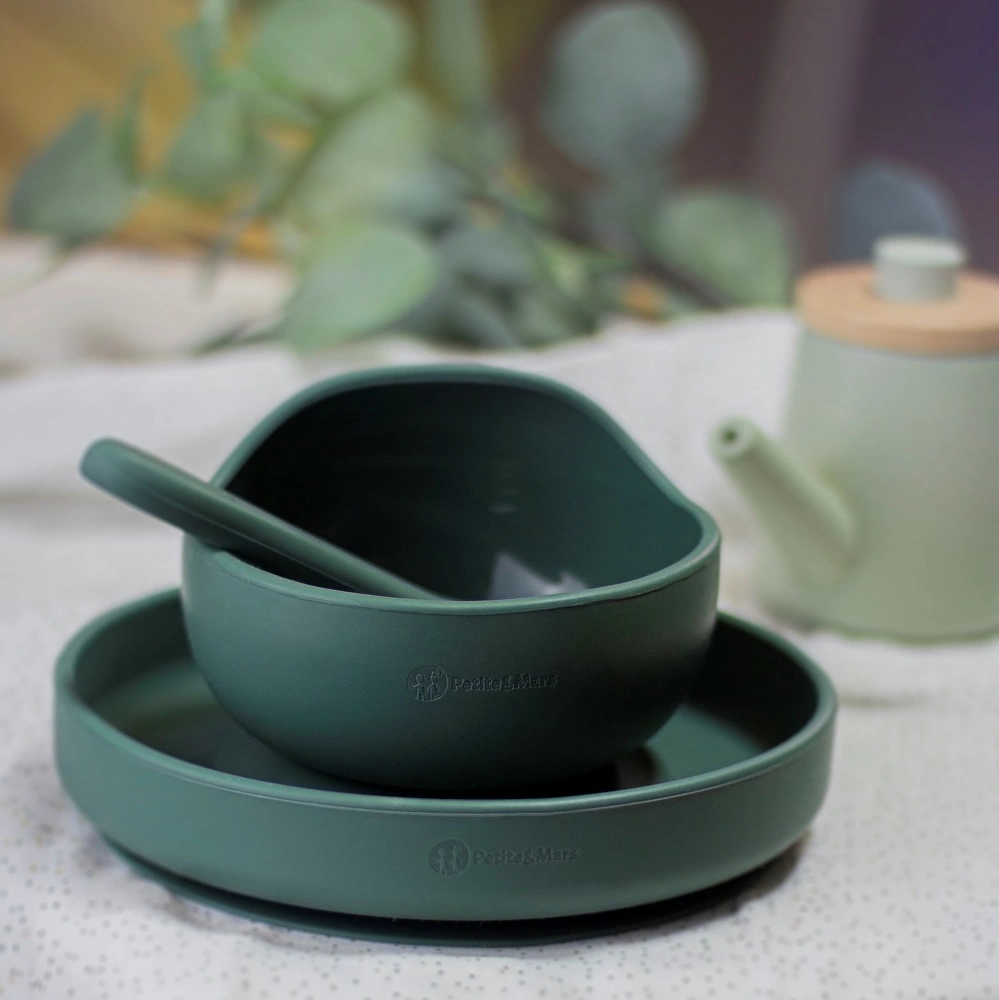 PETITE&MARS Set jídelní silikonový TAKE&MATCH 3 ks Misty Green