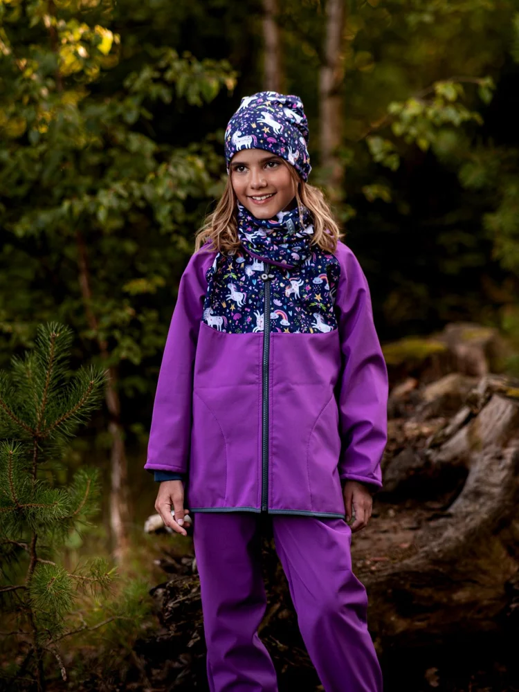 Dětská softshellová bunda Unuo s fleecem Basic Jednorožci ostružinová velikost 110/116