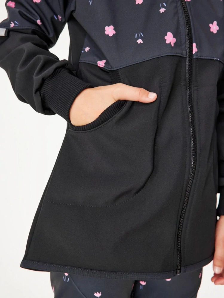 Unuo, Dívčí softshellový kabát s fleecem Street, Černá, Květiny