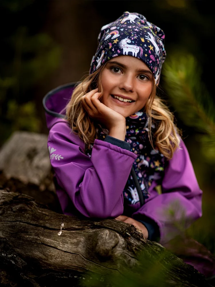 Dětská softshellová bunda Unuo s fleecem Basic Jednorožci ostružinová velikost 110/116