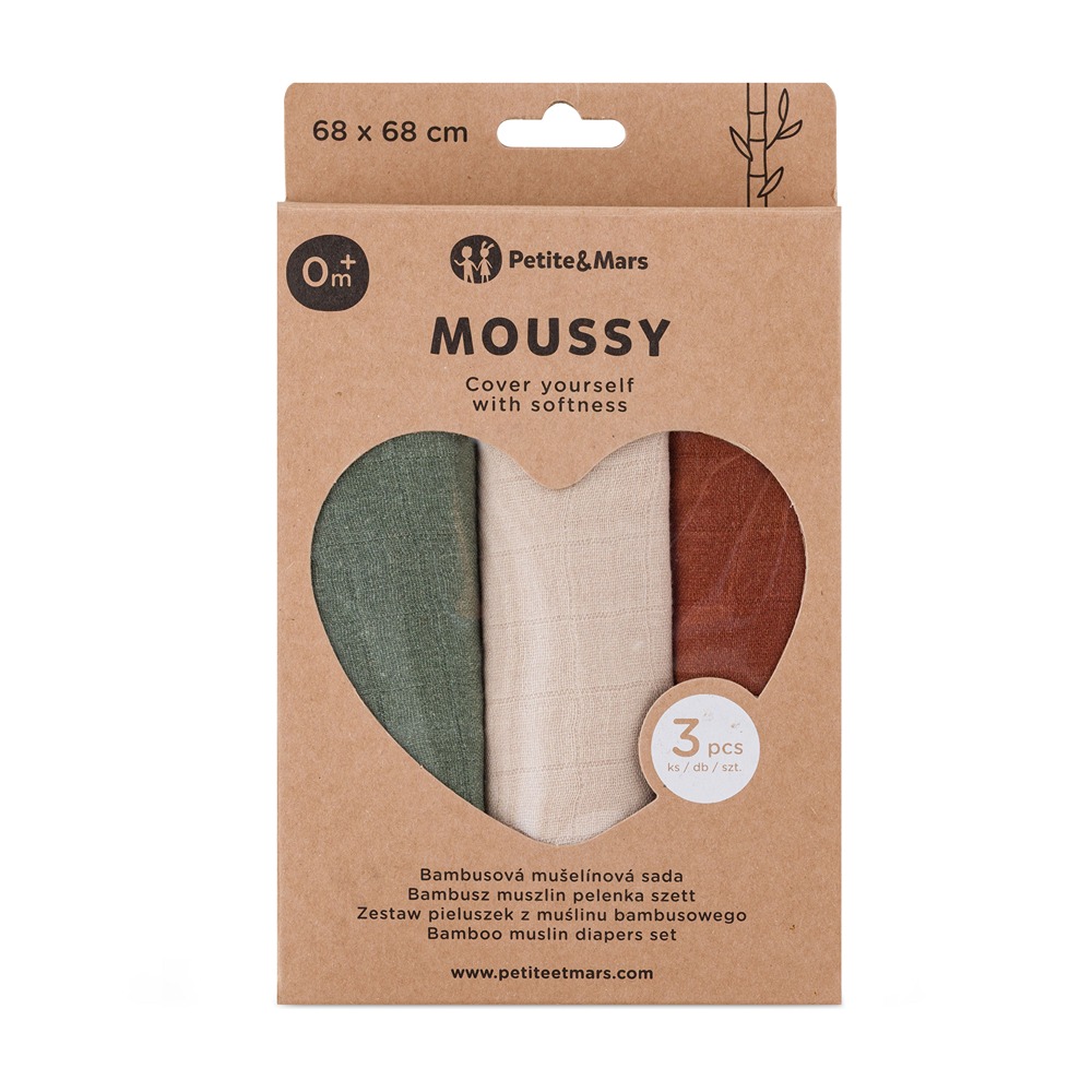 PETITE&MARS Sada plen bambusová mušelínová 3ks Moussy Earth Tones 68 x 68 cm