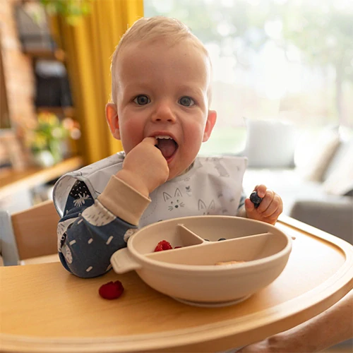 BABYONOBABYONO Talíř silikonový s přísavkou a víčkem béžový 6m+