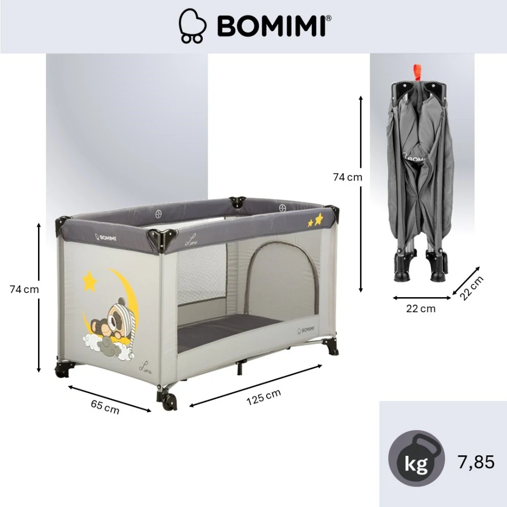Cestovní postýlka BOMIMI LUNA graphite/sweet dreams xy