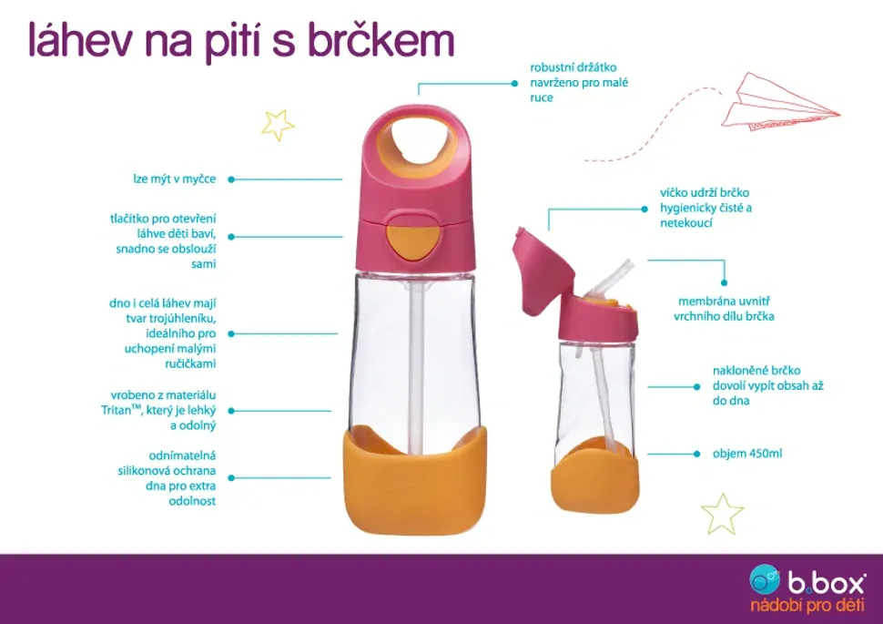 b.box Lahev na pití s brčkem 450 ml - Lilac/Pop