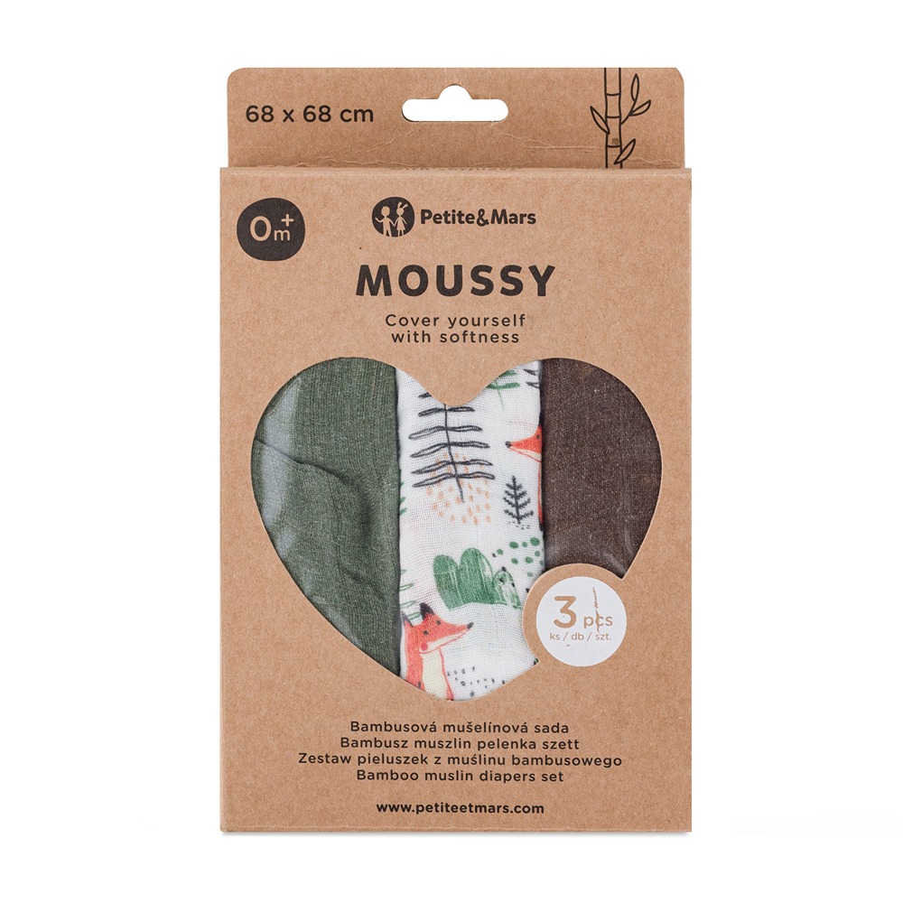 PETITE&MARS Sada plen bambusová mušelínová 3ks Moussy Forest Fox  68 x 68 cm