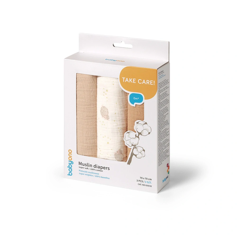 BABYONO Pleny mušelínové Super Soft 3 ks, Beige 70 x 70 cm