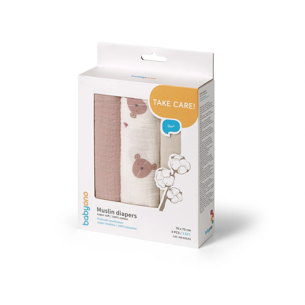 BABYONO Pleny mušelínové Super Soft 3 ks, Grey 70 x 70 cm